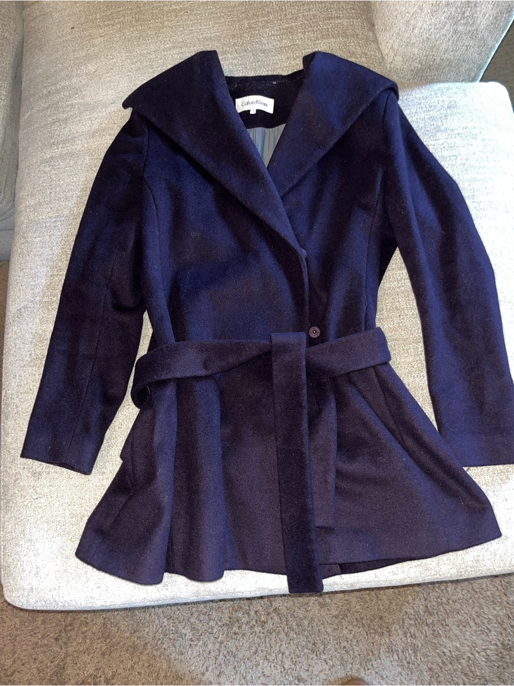 Calvin Klein Navy Wool-Blend Belted Trench Coat